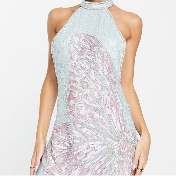 ASOS Design Blue Green Butterfly Pearl Sequin Beaded Halter Mini Dress Size 10 - Picture 2 of 9